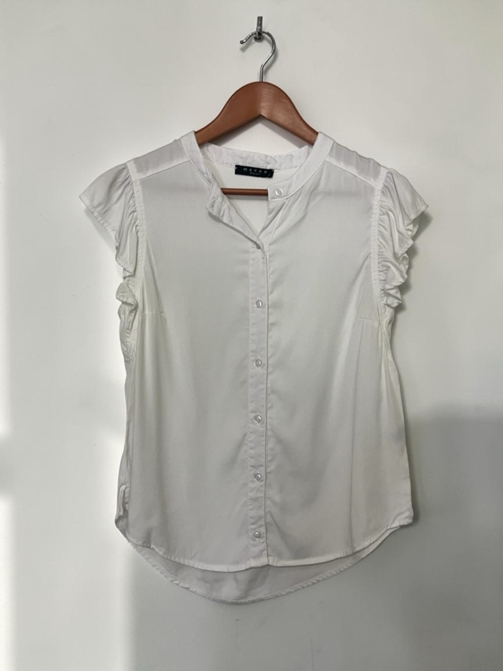 Maven West Banded Collar v neck White Ruffle Sleeve Button-Front Blouse size S